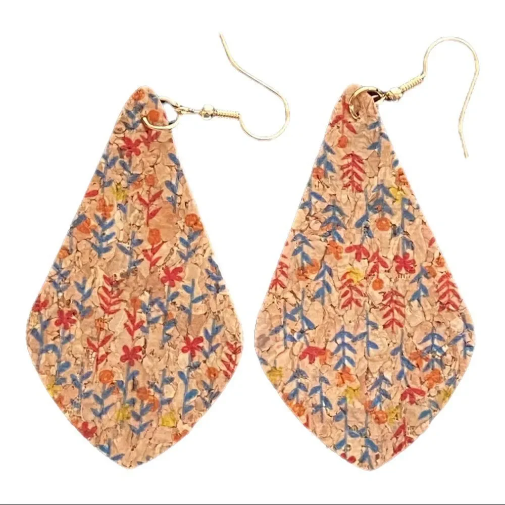 Flower Leaf Print Teardrop Shape Lightweight Cork Drop Earrings NWT